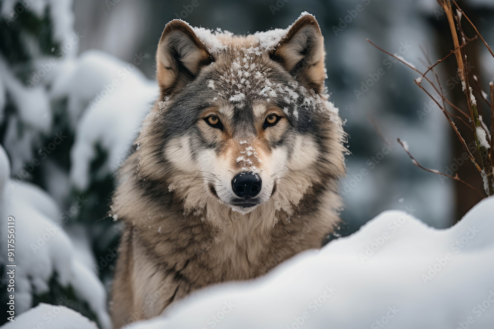 Majestic Wolf Stands Amidst Snow-Covered Forest with Fierce and Piercing Gaze Majestic Wolf Stands Amidst Snow-Covered Forest with Fierce and Piercing Gaze