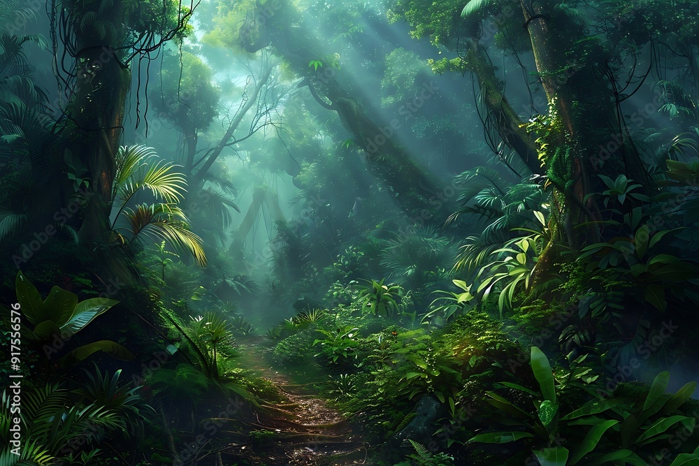 Pathway through the green forest with sunlight and lens flare effect Pathway through the green forest with sunlight and lens flare effect