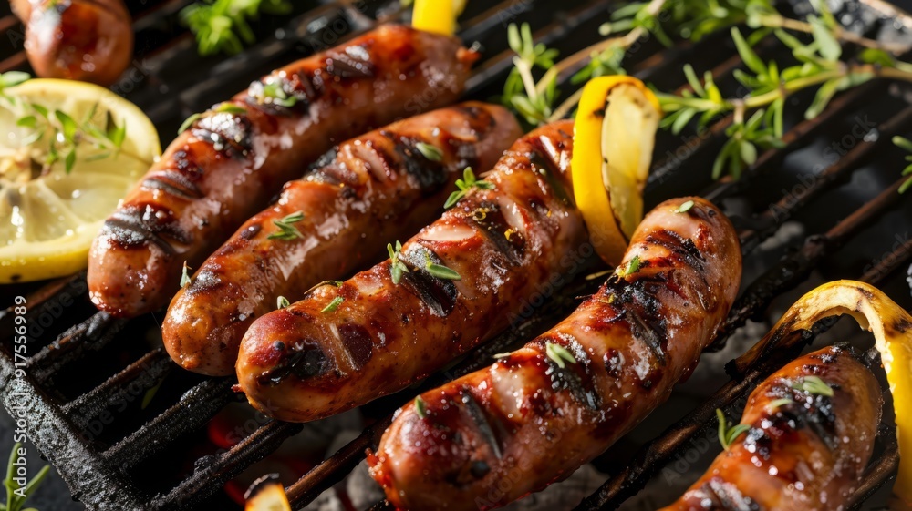 Grilled Sausages with Lemon and Thyme on a Barbecue Grill Grilled Sausages with Lemon and Thyme on a Barbecue Grill