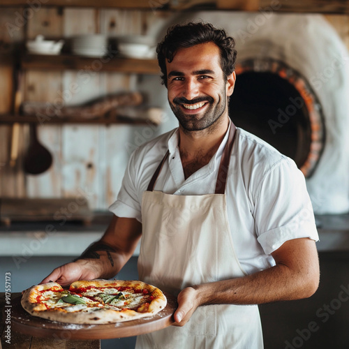 An attractive, handsome pizzaiolo holds a bright, delicious pizza on a plate. Italian pizza oven. Restaurant. Pompeian oven photo