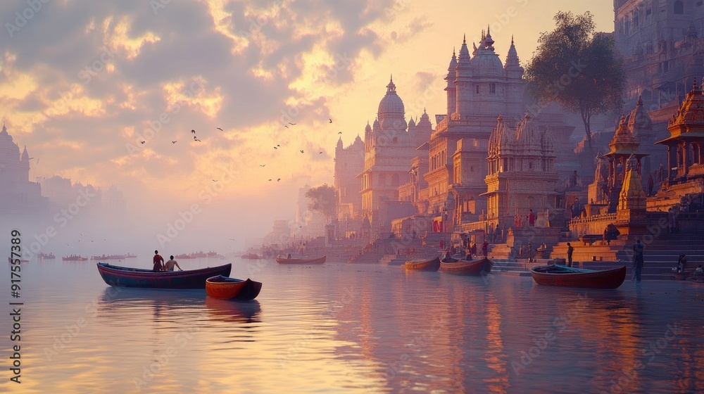 Obraz premium A serene scene of the Ganges River at dawn, with boats floating on the calm water, and temples and ghats bathed in the soft morning light.