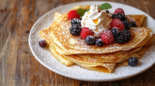 A stack of freshly made crepes on a white plate, topped with a dollop of whipped cream, fresh berries, and a drizzle of syrup, set on a rustic wooden table.