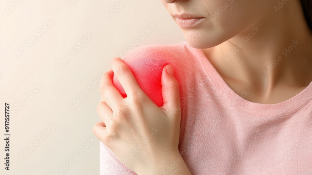 Naklejka premium A woman touching her painful shoulder, expressing discomfort and tension while wearing a soft pink shirt.