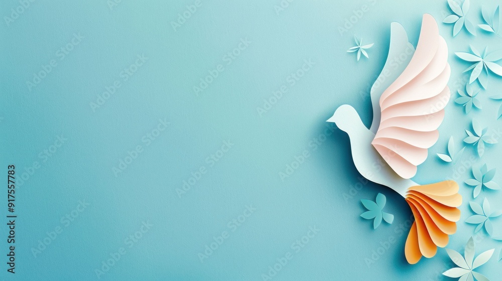 Obraz premium Dove of peace paper cutout on blue background, paper art, 3d illustration and symbol of peaceful journey
