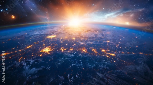 Panoramic view on planet Earth globe from space with rising sun. Glowing city lights, light clouds