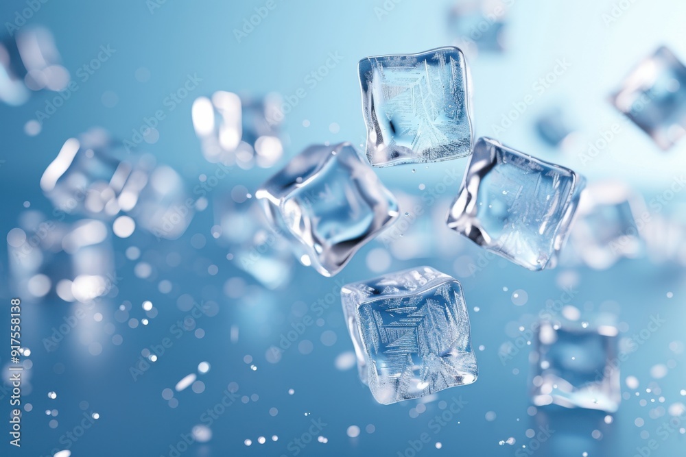 Beautifully scattered ice cubes on a blue background, creating a refreshing and cool atmosphere, perfect for summer beverages. Beautifully scattered ice cubes on a blue background, creating a refreshing and cool atmosphere, perfect for summer beverages.