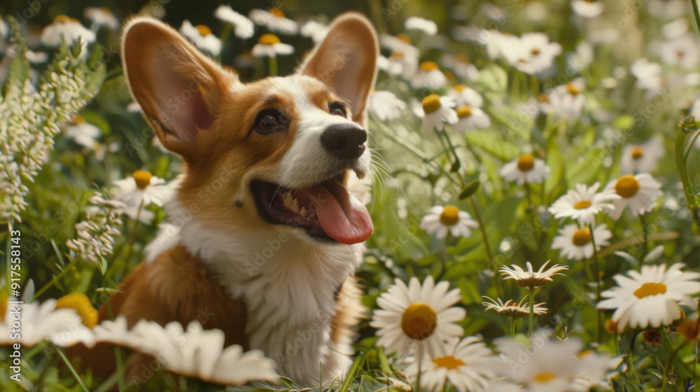 A Happy Corgi Dog Surrounded by Daisies in a Field A Happy Corgi Dog Surrounded by Daisies in a Field
