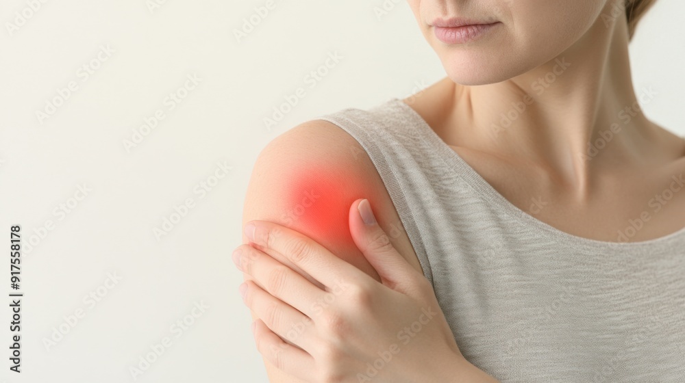 A woman experiencing shoulder pain, gently touching her shoulder to relieve discomfort, showcasing the impact of muscle strain. A woman experiencing shoulder pain, gently touching her shoulder to relieve discomfort, showcasing the impact of muscle strain.