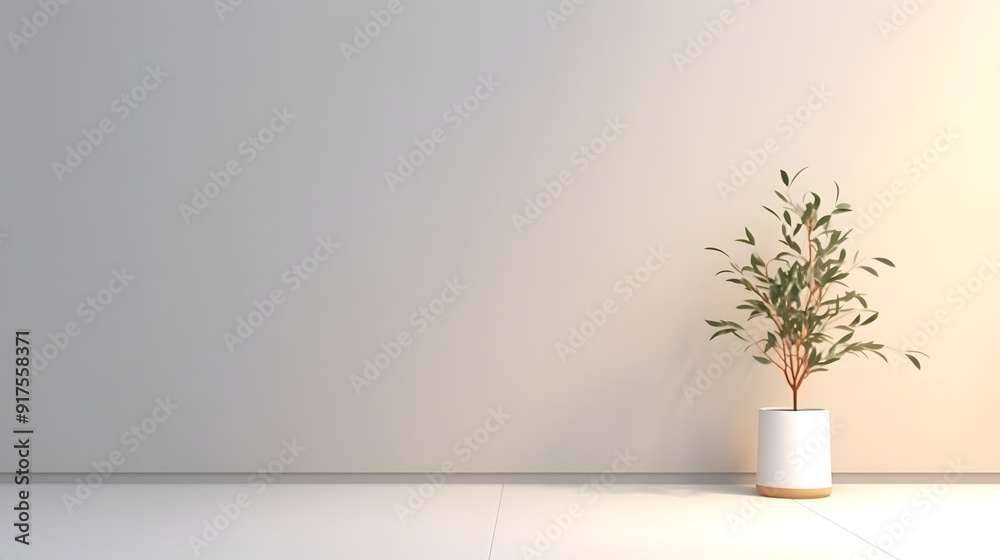 Realistic Room Corner with Wall Lamp and Plant on White Background, Soft Lighting from Left Realistic Room Corner with Wall Lamp and Plant on White Background, Soft Lighting from Left