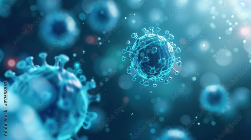 Abstract illustration of viruses in a blue environment, showcasing intricate details and vibrant colors, perfect for medical themes. Abstract illustration of viruses in a blue environment, showcasing intricate details and vibrant colors, perfect for medical themes.