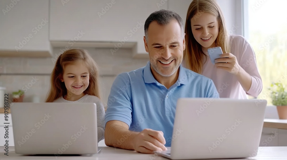 A joyful family enjoying quality time together, working and playing on laptops in a bright, modern kitchen. A joyful family enjoying quality time together, working and playing on laptops in a bright, modern kitchen.