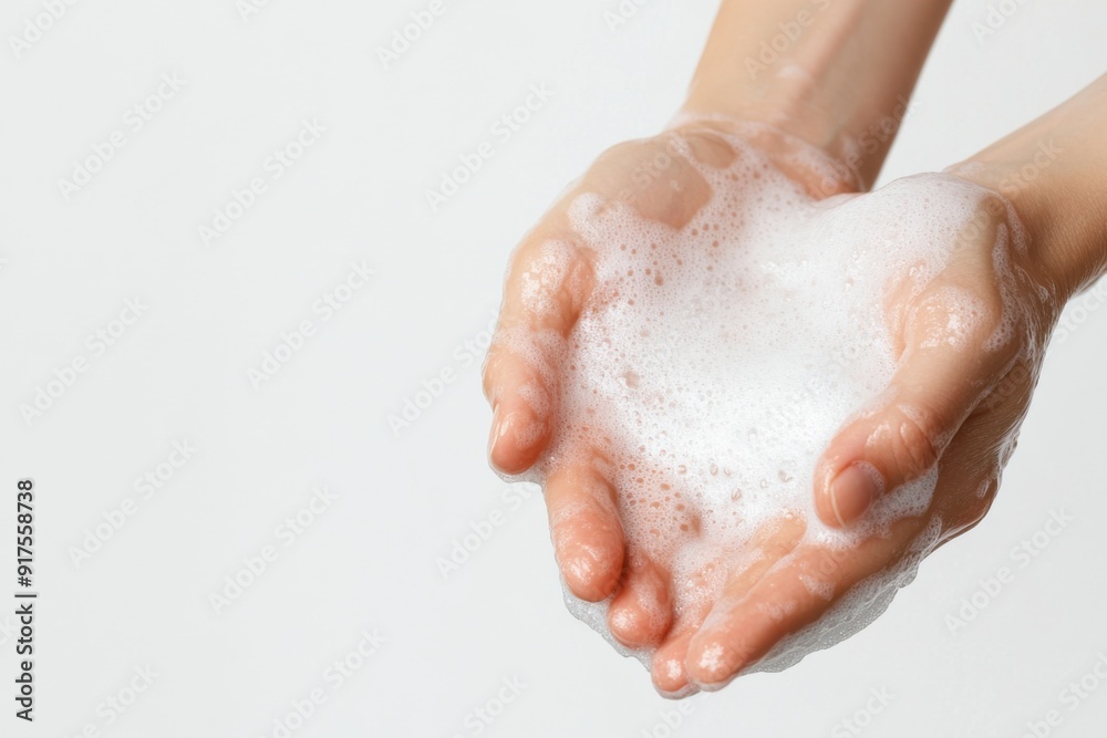 Fototapeta premium A close-up of hands holding bubbly soap foam, symbolizing cleanliness and hygiene in everyday life.