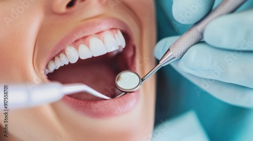 A close-up of a dentist examining a patient's mouth with dental tools, highlighting oral hygiene and dental care.