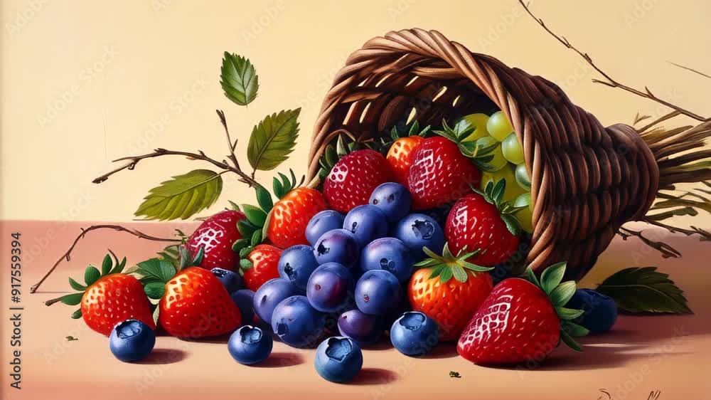 cornucopia filled with fresh strawberries, blueberries, and green grapes. The wicker cornucopia spills the colorful fruits onto a warm-toned surface