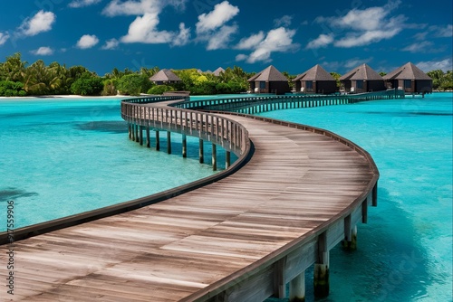 A wooden boardwalk curves over clear turquoise water leading to overwater bungalows under a bright blue sky.