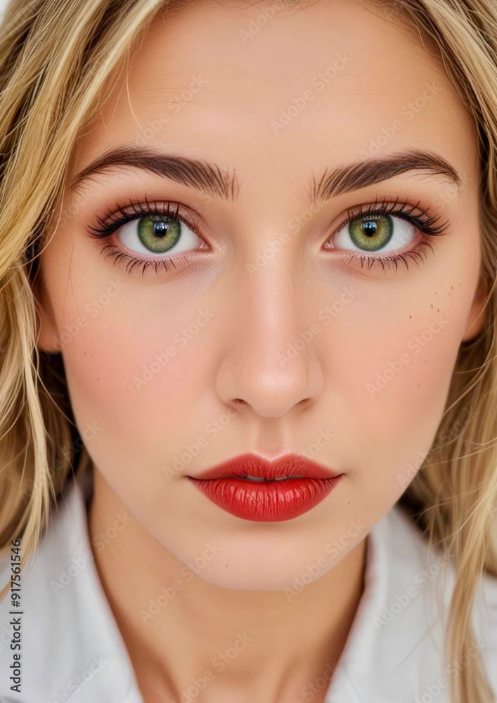 Beautiful woman's face with her green eyes and red lips highlighted Beautiful woman's face with her green eyes and red lips highlighted