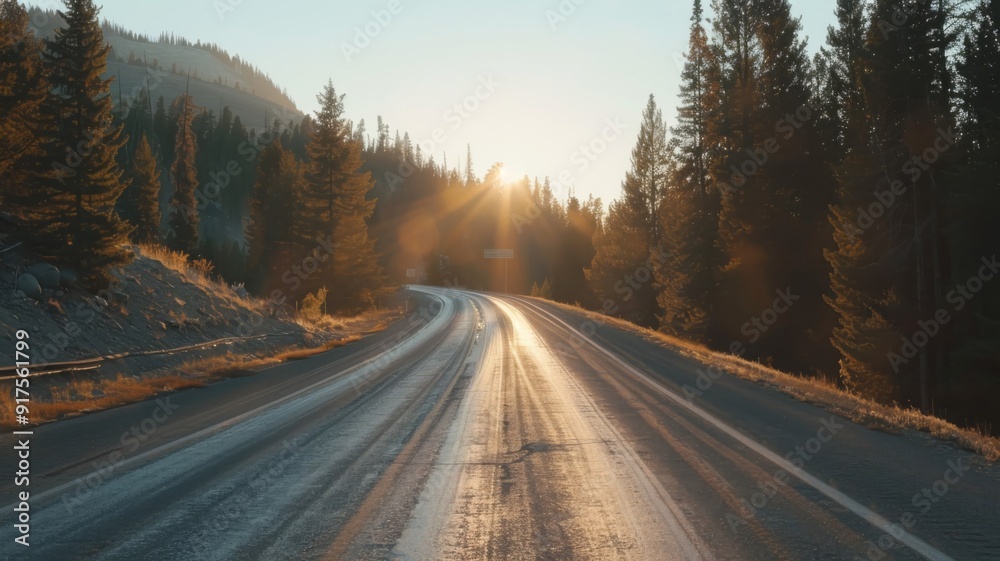 A winding mountain road with sun rays illuminating the asphalt A winding mountain road with sun rays illuminating the asphalt