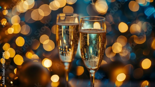 Two Glasses of Champagne Against a Blurred Background of Golden Lights