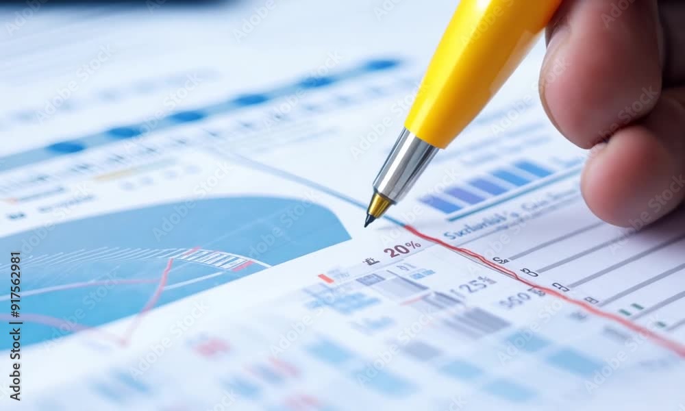 Close-up highlighting financial report, thorough analysis, key points, focus Close-up highlighting financial report, thorough analysis, key points, focus