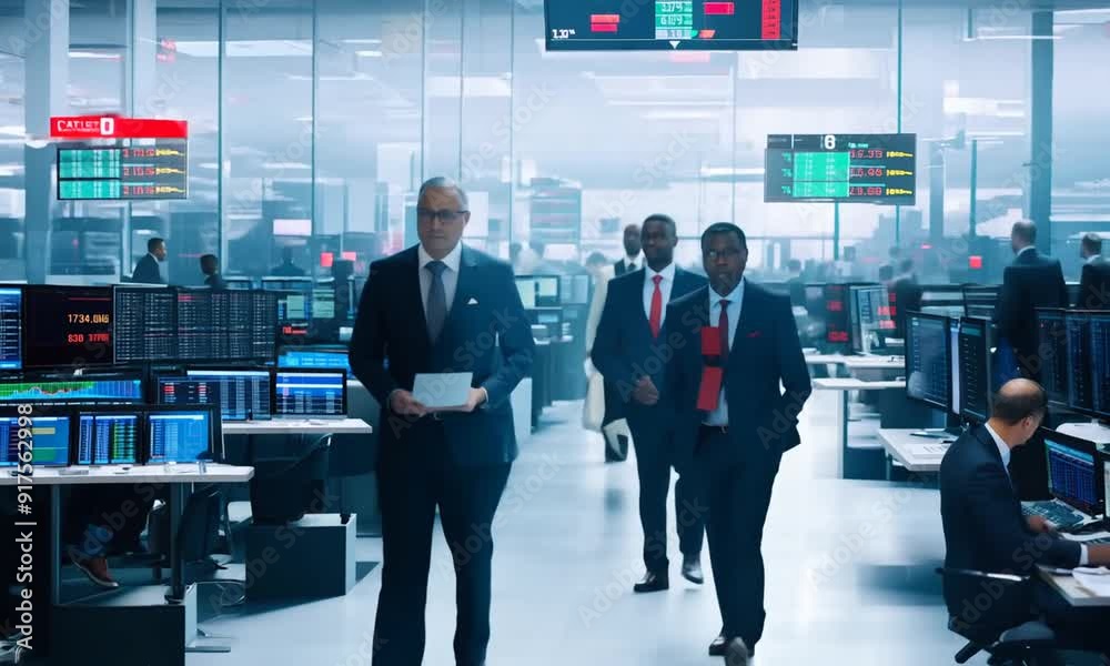 Pan trading floor, financial analysts, traders, live market data, multiple screens Pan trading floor, financial analysts, traders, live market data, multiple screens