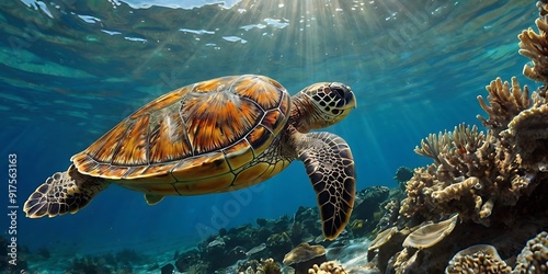 Vibrant underwater photograph featuring a sea turtle swimming gracefully near the surface 