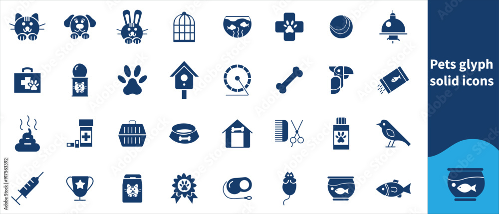 Pets glyph solid icons collection. Containing dog, cat, fish, shop, food. For website marketing design, logo, app, template, etc. Vector illustration