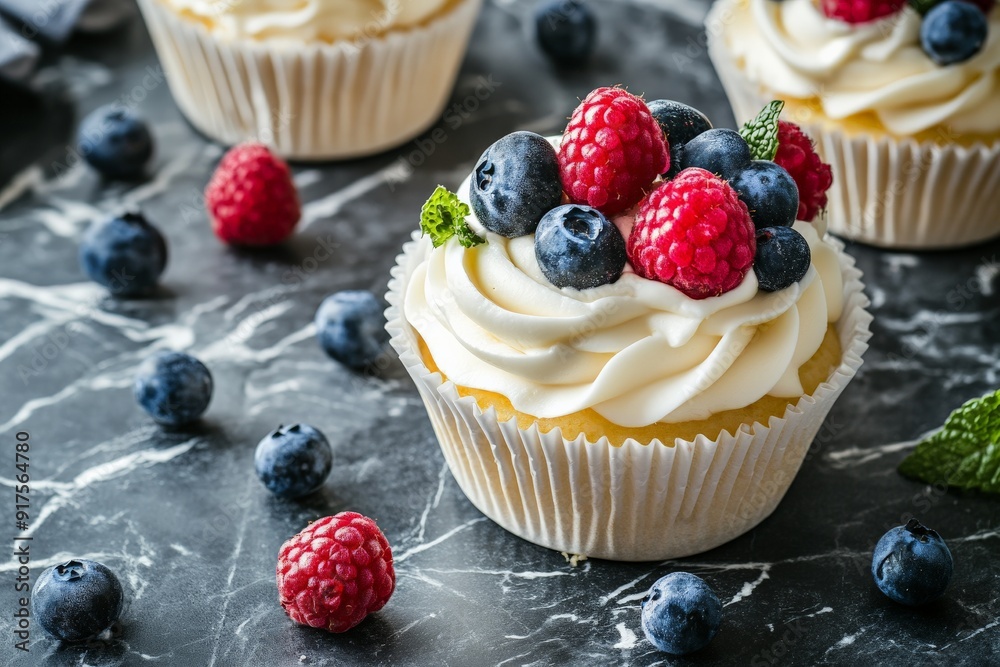 Delicious Cupcakes with Blueberries and Raspberries Delicious Cupcakes with Blueberries and Raspberries