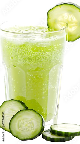  A glass of fresh cucumber juice with a cucumber slice on the rim 