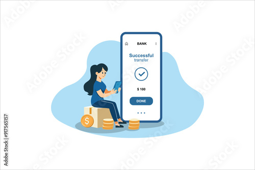 Girl in smartphone transferred, sent money, coins, cash to electronic account on Internet to man. Banking services on web site. Successful transaction. Refill.
