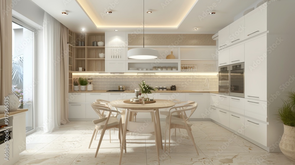 Modern new light interior of kitchen with white furniture and dining table Modern new light interior of kitchen with white furniture and dining table