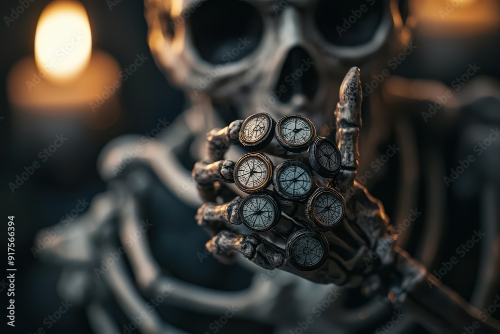 Closeup of a skeleton s hand intertwined with a spiral of clocks, symbolizing the cyclical nature of time and existence, copy space, focus cover all object, deep dept of field Closeup of a skeleton s hand intertwined with a spiral of clocks, symbolizing the cyclical nature of time and existence, copy space, focus cover all object, deep dept of field