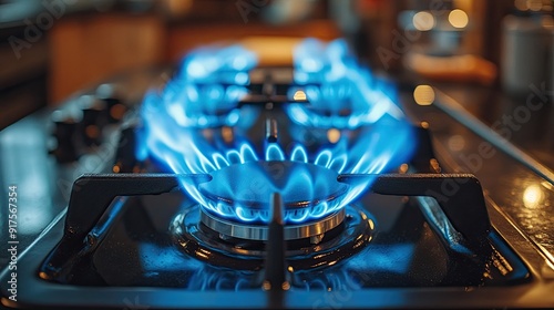 a close-up of a blue fire coming from the stovetop in a home kitchen. Gas stove with propane flames in it. News and the gas supply system. Global gas shortage and price increase photo