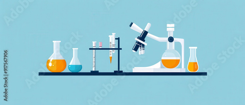 A vibrant lab scene featuring colorful beakers, flasks, and a microscope, perfect for science-related projects and educational content. photo