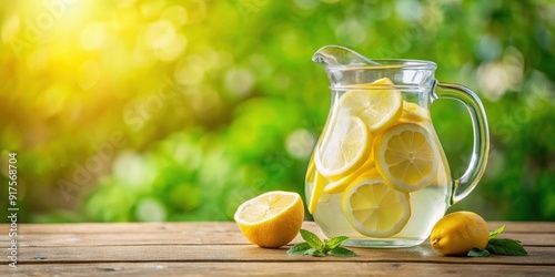 Refreshing lemon infused water in a clear pitcher on a sunny day, lemon, water, refreshment, healthy, hydration, citrus, drink photo