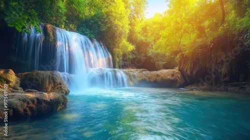 Tranquil Waterfall in Lush Jungle