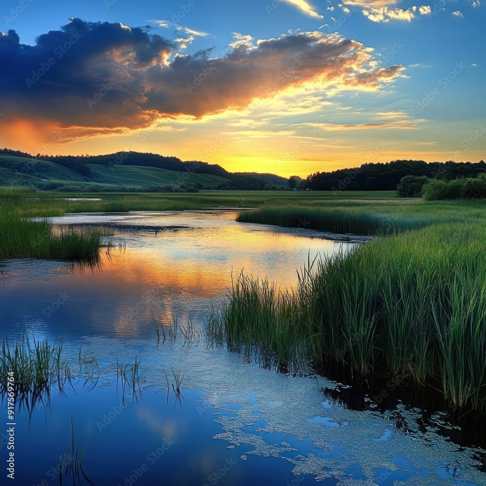 Obraz premium Serene Sunset Over a Tranquil Lake