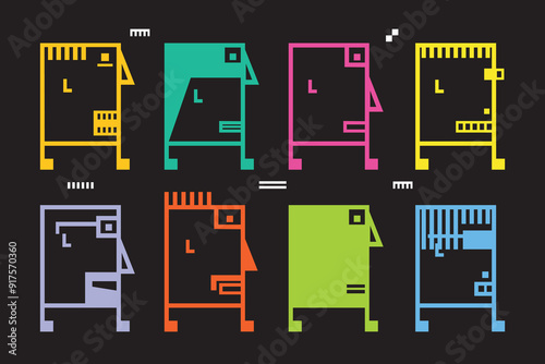 Colorful funky line rectangle shape side way faces cartoon characters icons set design elements on black background poster