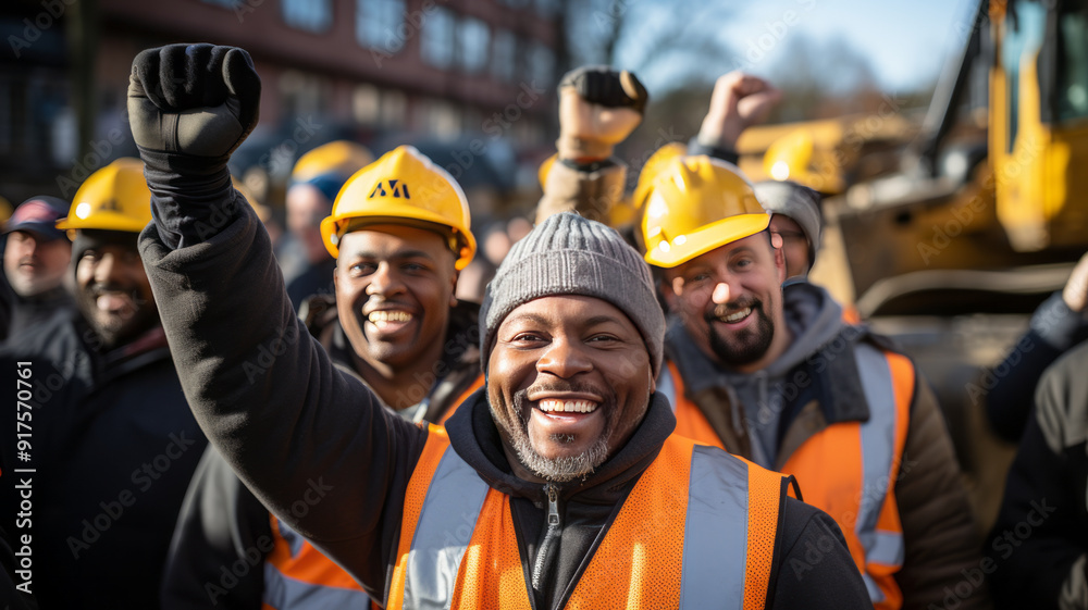 Construction workers smiling in yellow vests and vests raise their hands in the air at construction site.generative ai Construction workers smiling in yellow vests and vests raise their hands in the air at construction site.generative ai