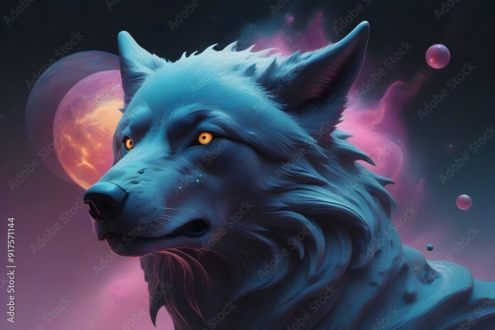 Fototapeta premium A majestic blue wolf with yellow eyes against a background of glowing nebulae and planets.