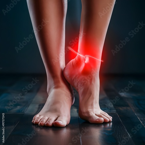 A close-up image of a womans feet with a red highlight on her ankle, indicating pain