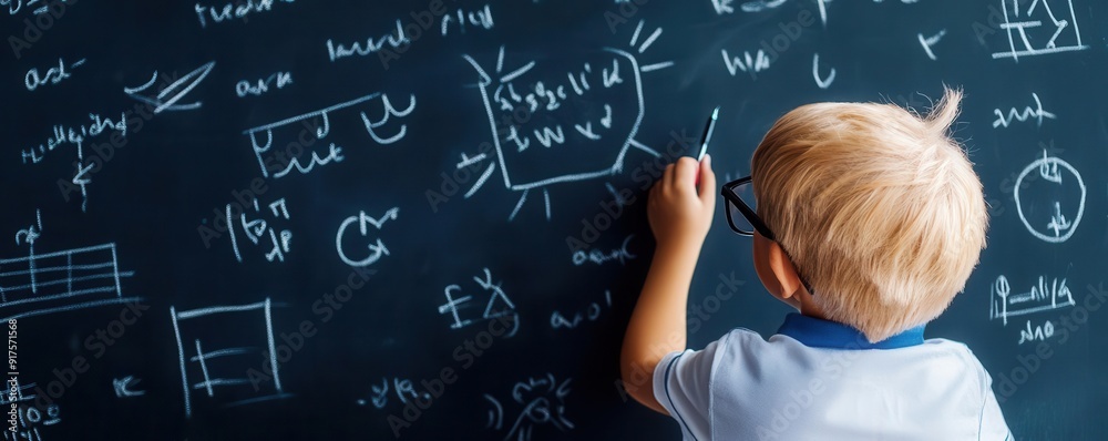 Young boy writing on a chalkboard with math equations Young boy writing on a chalkboard with math equations