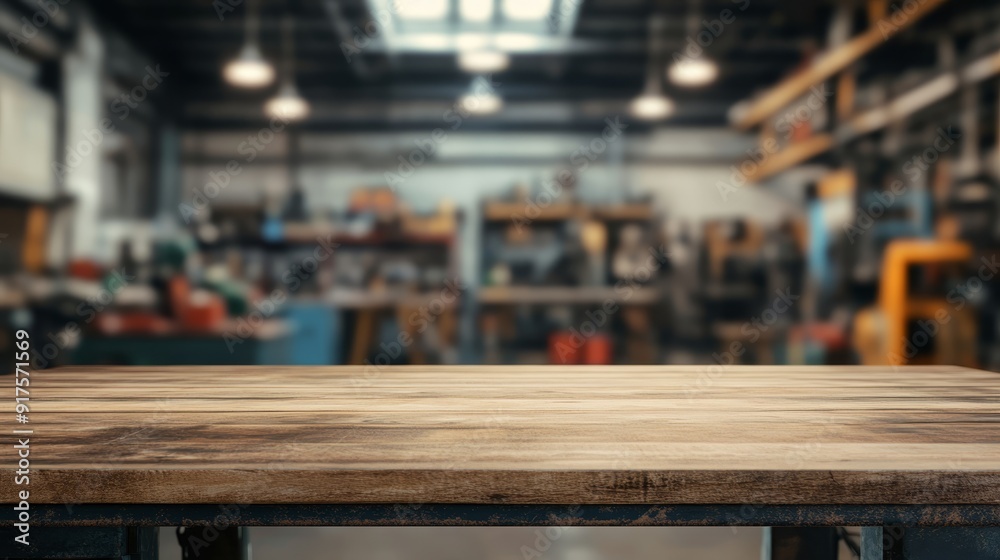 Empty table top. Blurred workshop interior background Empty table top. Blurred workshop interior background