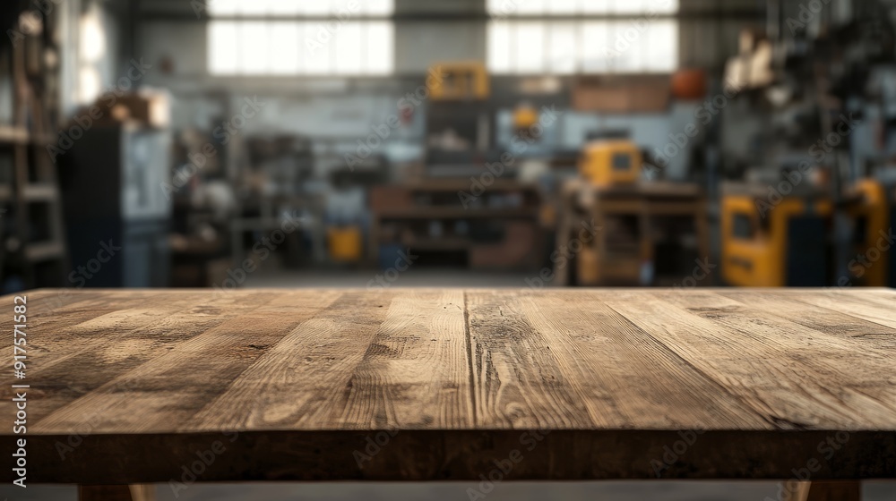 Empty table top. Blurred workshop interior background Empty table top. Blurred workshop interior background