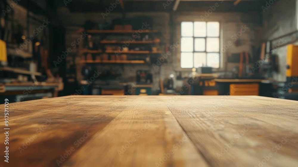 Empty table top. Blurred workshop interior background Empty table top. Blurred workshop interior background