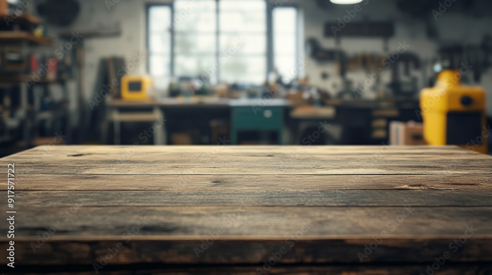 Empty table top. Blurred workshop interior background Empty table top. Blurred workshop interior background