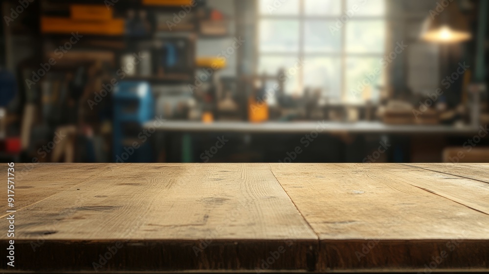 Empty table top. Blurred workshop interior background Empty table top. Blurred workshop interior background