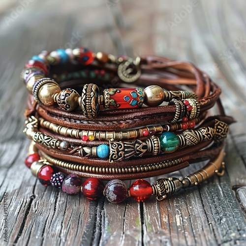 Bohemian leather wrap bracelet with beads.Highly detailes , 8K photo