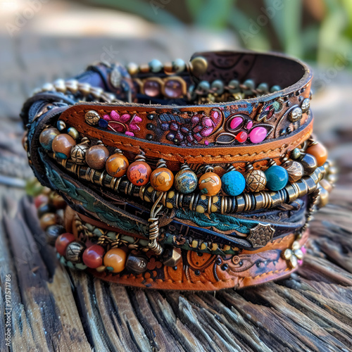 Bohemian leather wrap bracelet with beads.Highly detailes , 8K photo