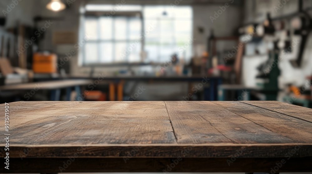 Empty table top. Blurred workshop interior background Empty table top. Blurred workshop interior background