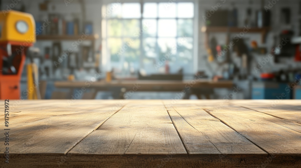Empty table top. Blurred workshop interior background